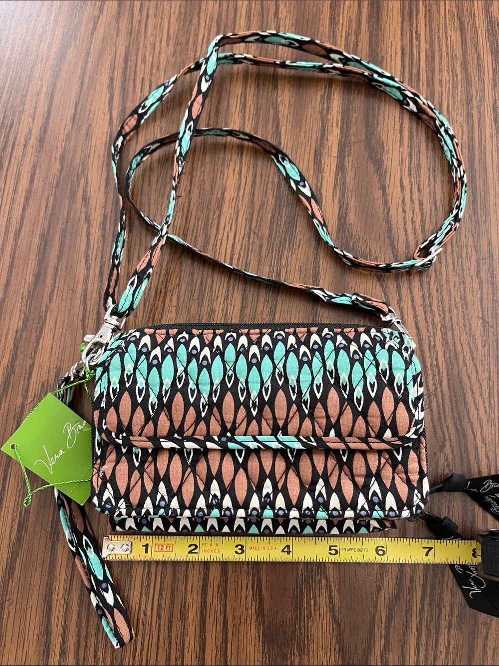Vera Bradley Aqua and Brown Patterned Crossbody Wallet/Phone Case.